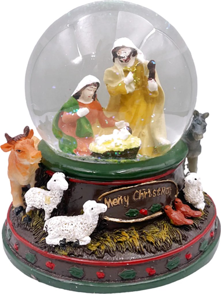 Glob cu zapada muzical cu LED - Scena religioasa NATIVITY, 13x15cm