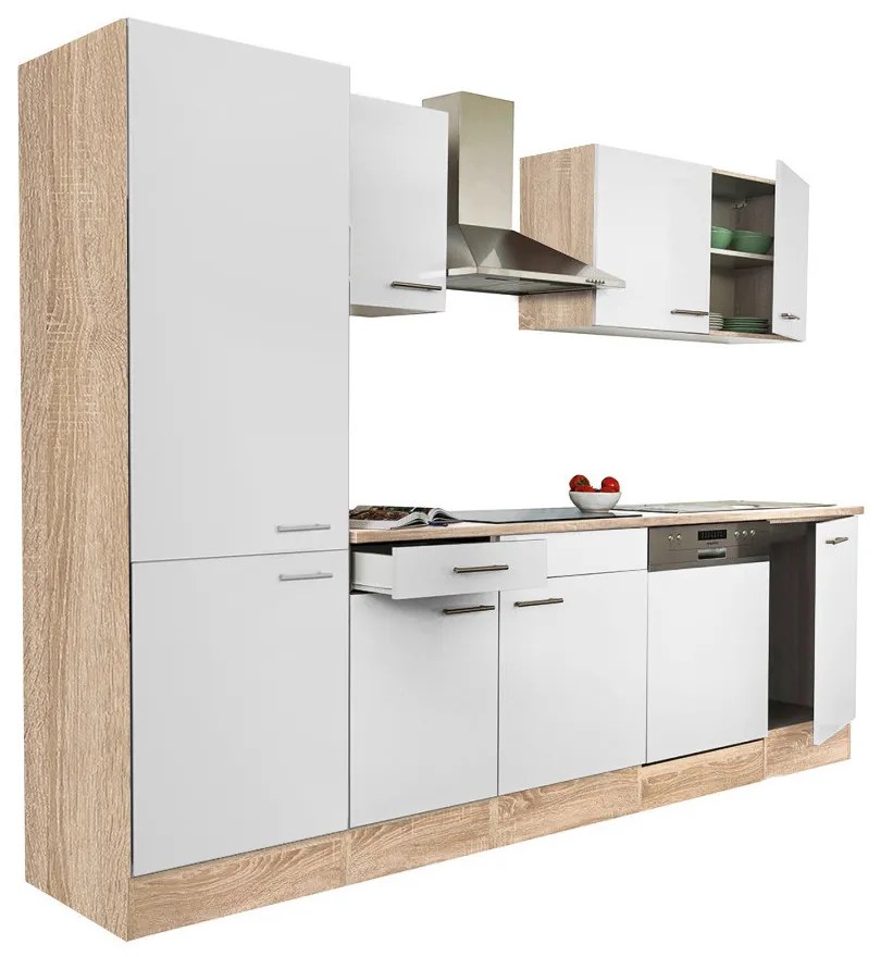 Mobilă de bucătărie Yorki 280, corp din stejar sonoma, față alb satinat, cu dulap cu raft