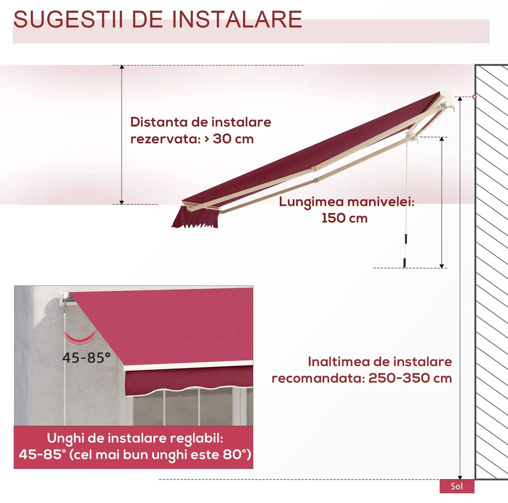 Perdea Parasole Rulou de Perete Impermeabil Outsunny Poliester, Bordeaux, 3x2.5m | Aosom Romania