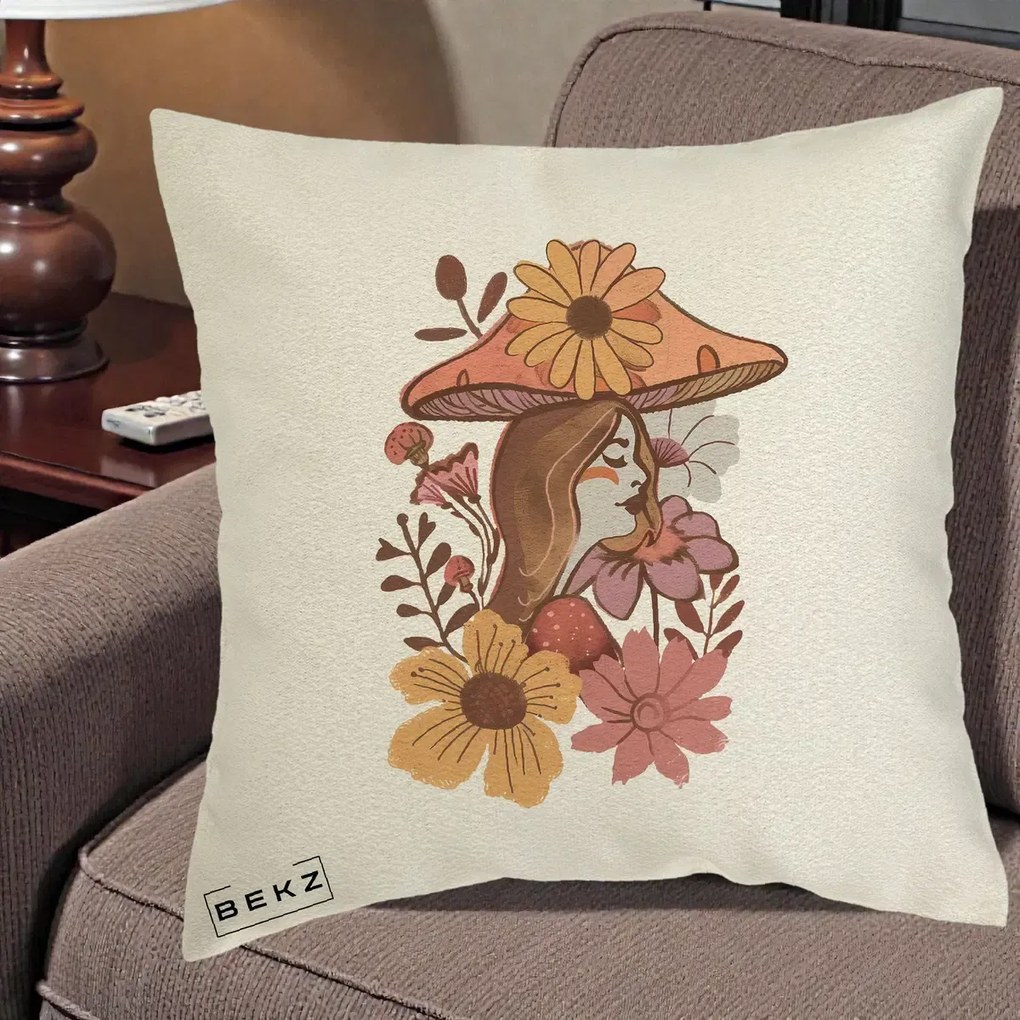 Perna Decorativa Fata Ciuperca Florala Boho, 40x40 cm, Ecru, Husa Detasabila, Perna Inclusa, BEKZ®
