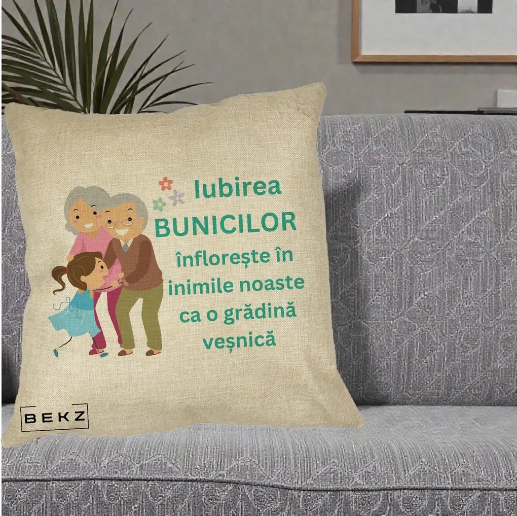 Cadou pentru Bunici - Perna Personalizata Bunicii Iubirea Infloreste cu Nepoata Teal, 40x40 cm, Crem, Husa Detasabila, Perna Inclusa, BEKZ®