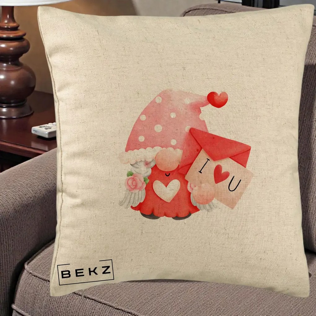 Cadou Romantic - Perna Personalizata I Love You Gnome Valentine cu Scrisoare, 40x40 cm, Bej, Husa Detasabila, Perna Inclusa, BEKZ®