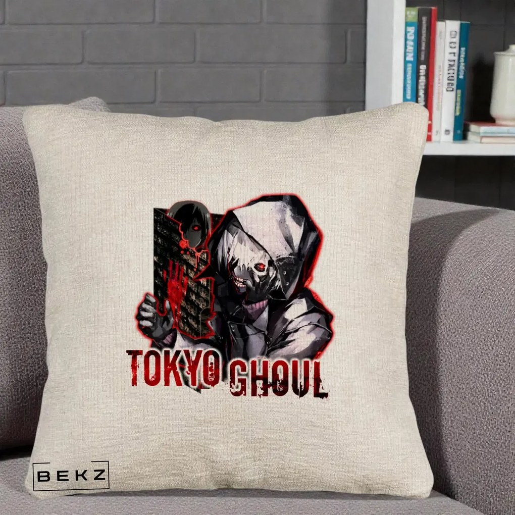 Perna Personalizata Tokyo Ghoul Ken Kaneki Anime, 40x40 cm, Bej Canapea, Husa Detasabila, Perna Inclusa, BEKZ®