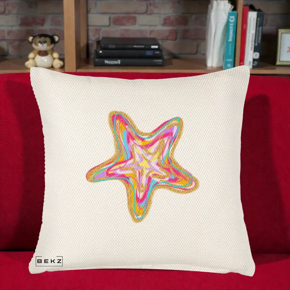 Perna Decorativa Stea de Mare Neon Curcubeu, 40x40 cm, Crem Reliefat, Husa Detasabila, Perna Inclusa, BEKZ®