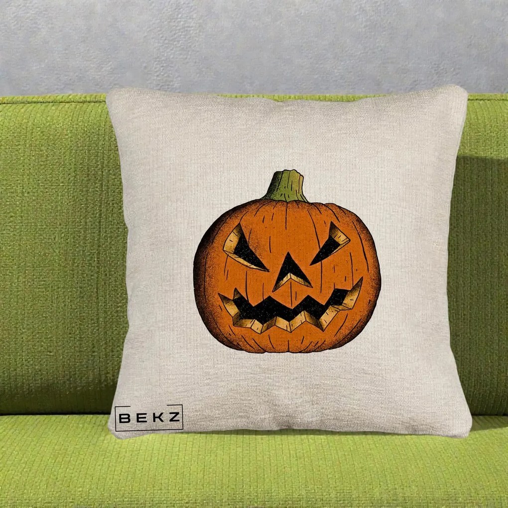Perna Decorativa Halloween Dovleac Portocaliu Clasic, 40x40 cm, Bej Canapea, Husa Detasabila, Perna Inclusa, BEKZ®