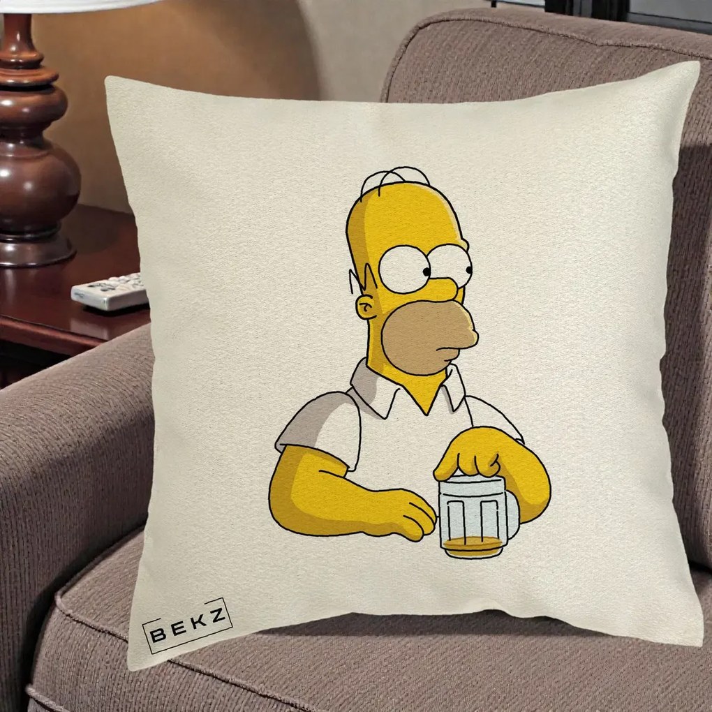 Perna Personalizata Homer Simpson cu Bere, 40x40 cm, Ecru, Husa Detasabila, Perna Inclusa, BEKZ®