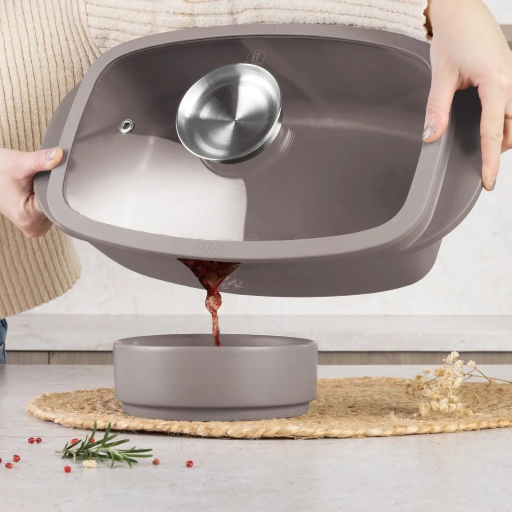 Tava cuptor cu capac, roaster 6 l , 32x21 cm - Taupe Berlinger Haus BH 8778, gri, antiaderenta, pentru friptura, titan