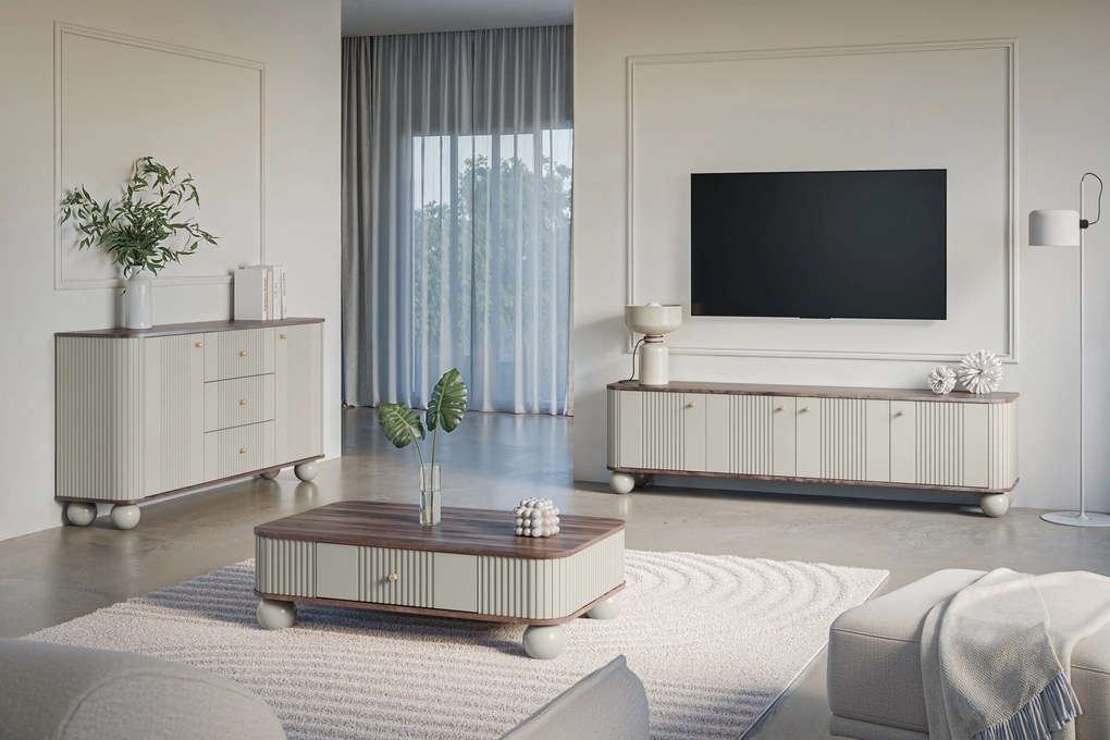Comodă TV Vesper 4D 187 cm - cașmir / nuc / mânere aurii / picioare sferice