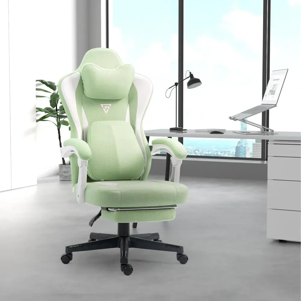RESIGILAT- ErgoRelax Pro JD– Scaun Gaming Ergonomic, Masaj Lombar si Incalzire, Spătar Rabatabil 155°, Suport picioare, Material textil, Verde/Alb