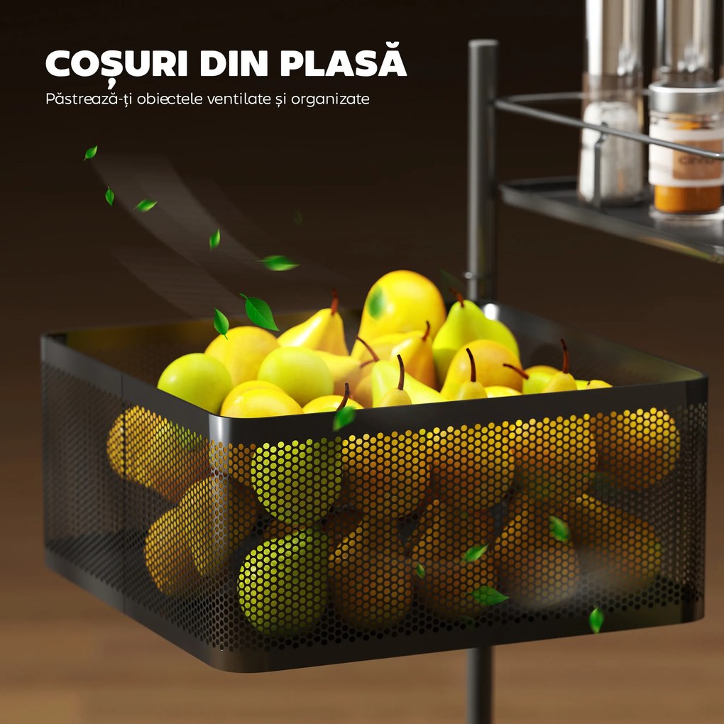 HOMCOM Cărucior de Bucătărie cu 3 Nivele cu Coșuri Rotative din Metal, Roți și Frână, 27,5x27,5x62 cm, Negru | Aosom Romania