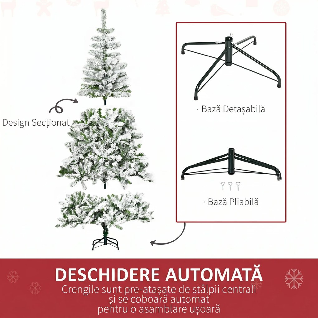 HOMCOM Brad de Crăciun Artificial Înzăpezit cu 750 Ramuri, Bază din Oțel, Plastică, 105x105x180 cm, Verde | Aosom Romania