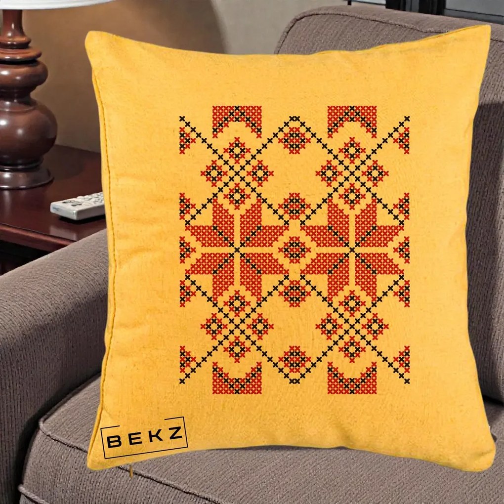 Perna Personalizata Motiv Traditional Cusatura Rosu-Negru, 40x40 cm, Galben, Husa Detasabila, Perna Inclusa, BEKZ®