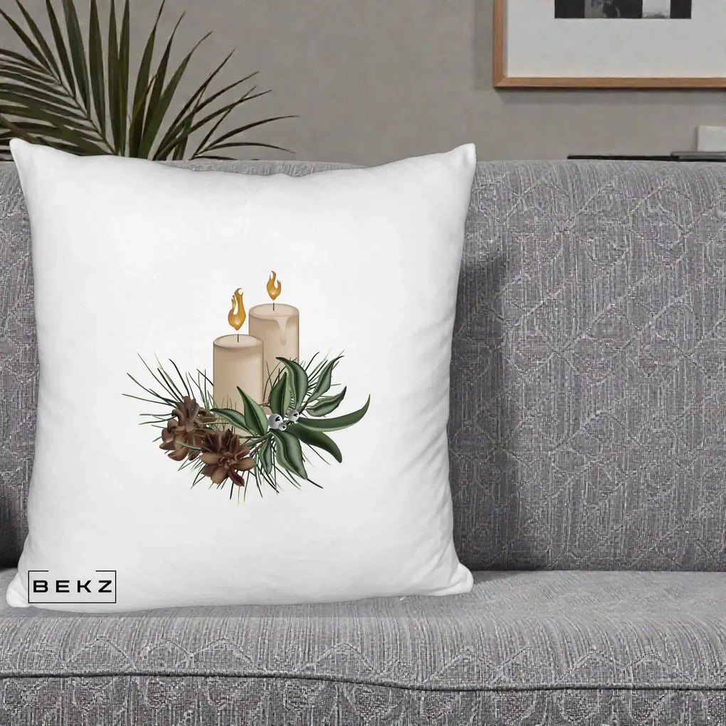 Perna Decorativa Lumanari cu Ilex si Conuri Ilustratie, 40x40 cm, Alb Pufos, Husa Detasabila, Perna Inclusa, BEKZ®