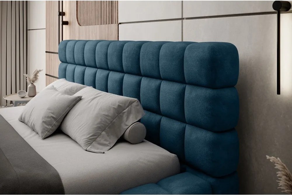 Pat matrimonial albastru tapițat cu spațiu de depozitare cu somieră 180x200 cm Dizzle – ELTAP