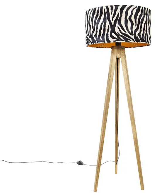 Lampă de podea vintage cu abajur din lemn cu imprimeu zebra 50 cm - Tripod Classic