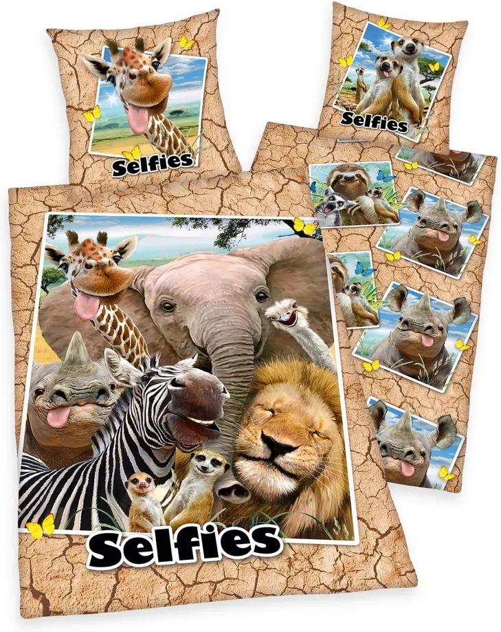 Lenjerie de pat, din bumbac, Zoo Selfie, 140 x 200 cm, 70 x 90 cm