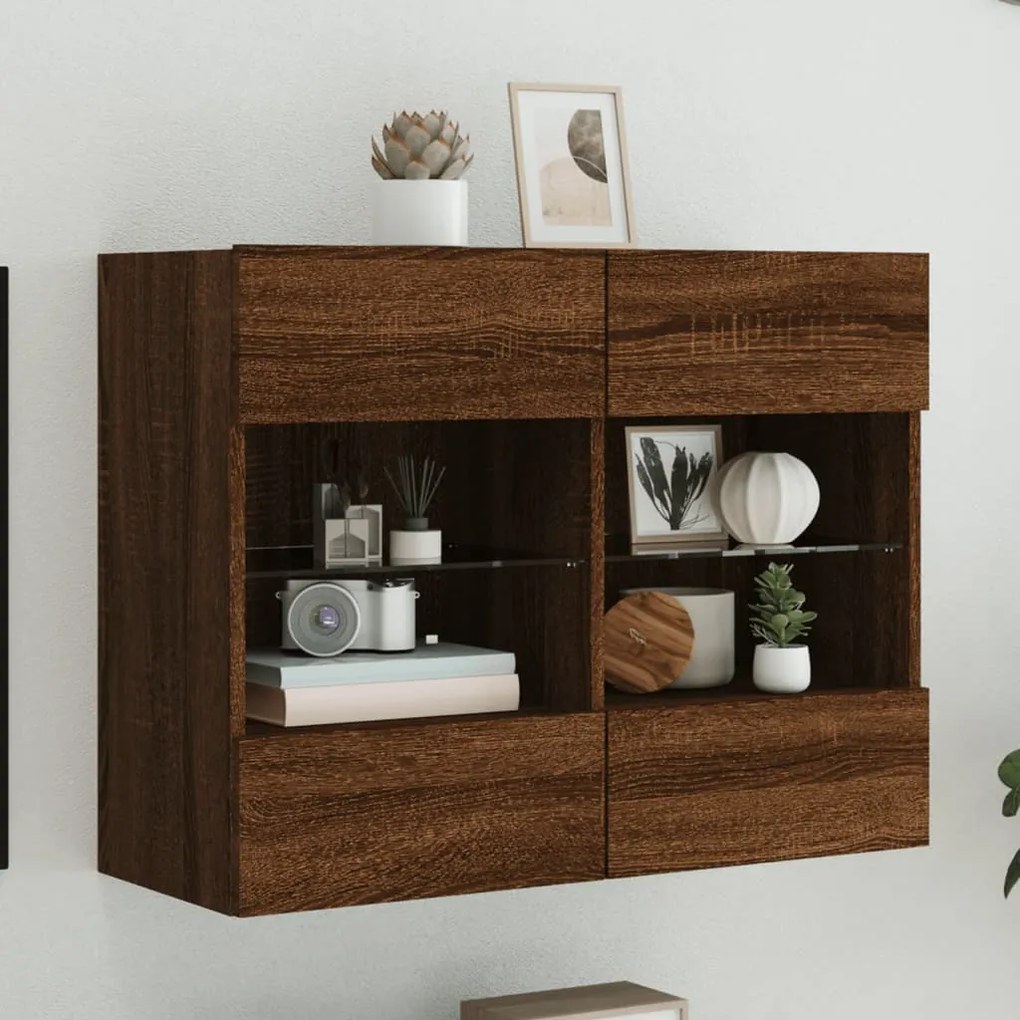 vidaXL Comodă TV de perete cu lumini LED, stejar maro, 78,5x30x60,5 cm