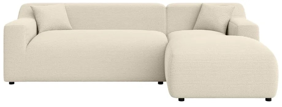 Colțar bej-crem cu tapițerie din catifea reiată (cu colț pe partea dreaptă, cu șezlong) Martin – Ropez