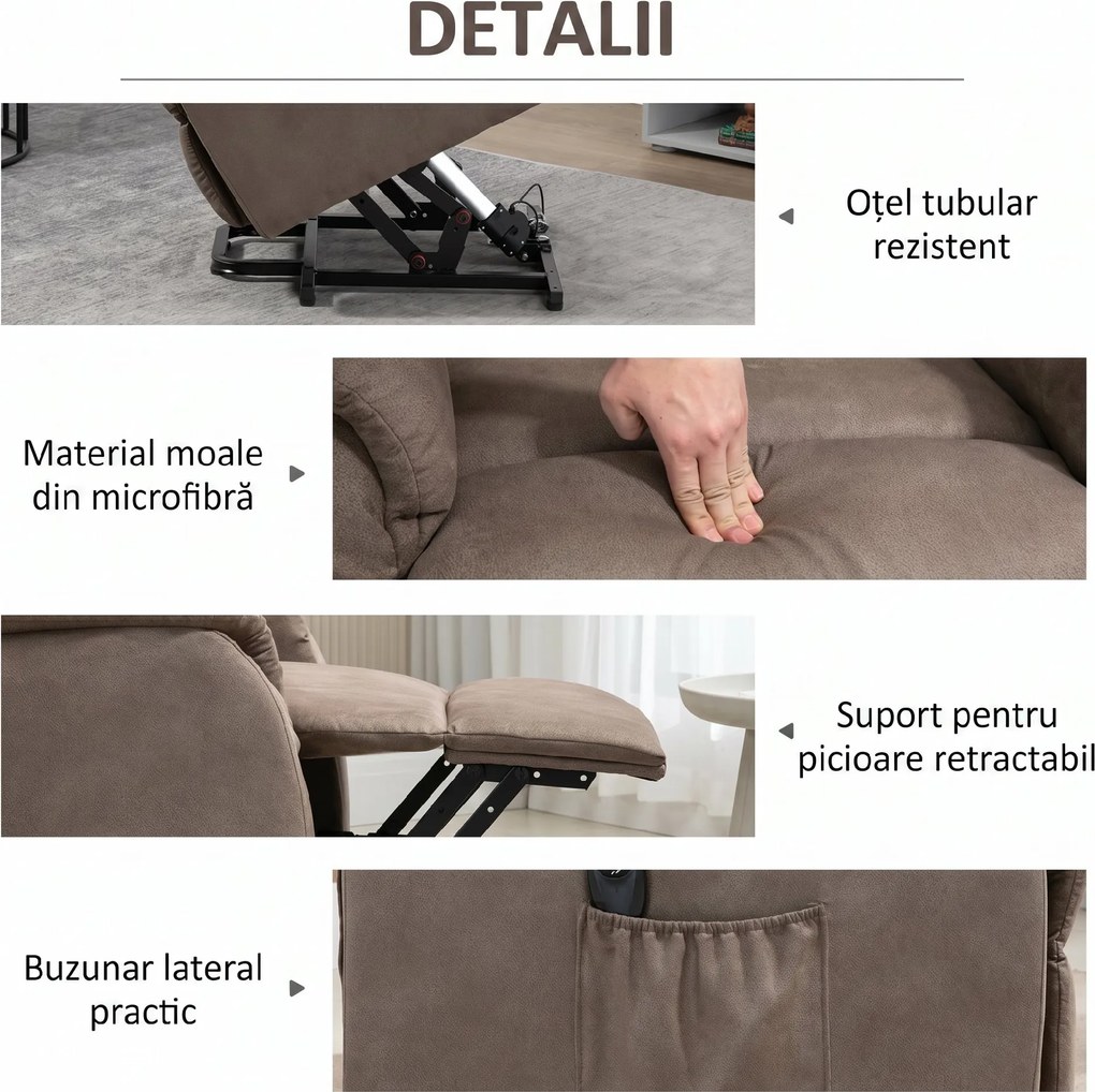 HOMCOM Fotoliu Ridicare Persoane Rabatabil 150° max cu Telecomanda si Suport pentru Picioare, 75x93x110 cm, Maro | Aosom Romania