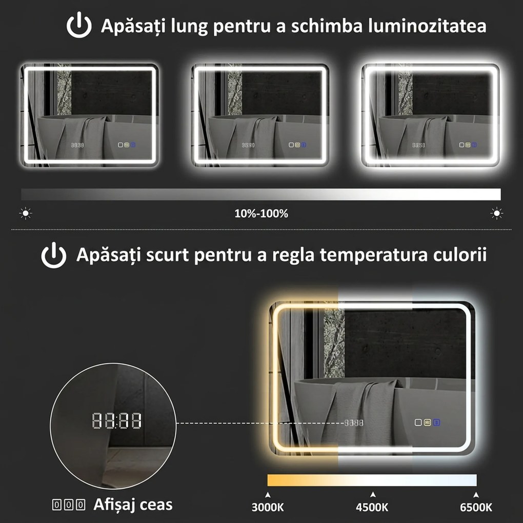 HOMCOM Oglindă de Baie LED cu Bluetooth, Iluminare Reglabilă și Funcție de Memorare, din Sticlă Securizată, 80 x 2.9 x 60 cm | Aosom Romania