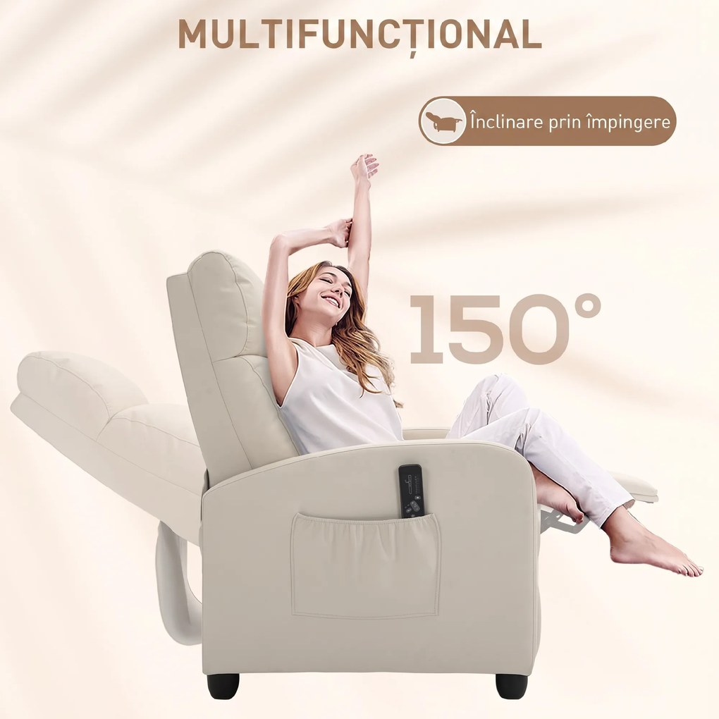 HOMCOM Fotoliu Masaj Rabatabil cu Funcție de Masaj, cu Suport pentru Picioare, Ideal pentru Relaxare, 68x88x98 cm, Crem