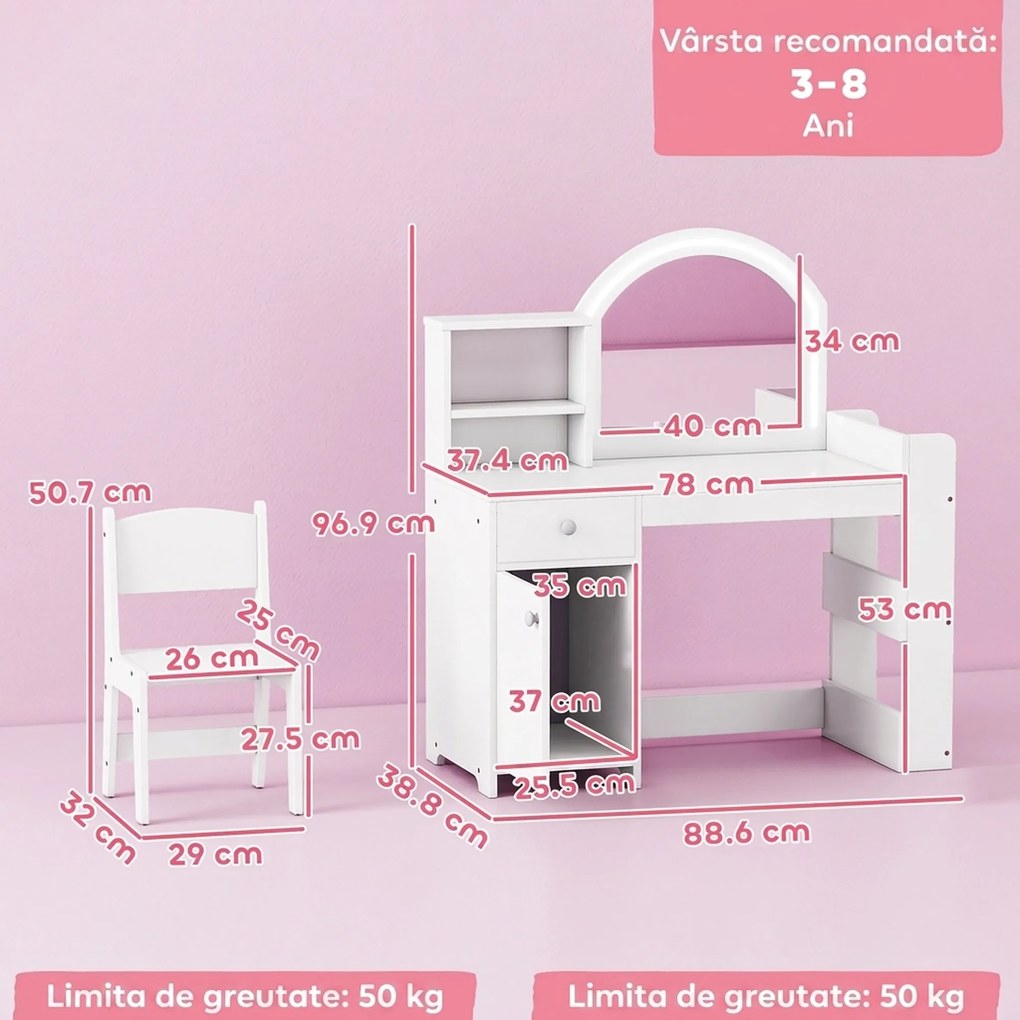 AIYAPLAY Set Măsuță de Toaletă pentru Copii, cu Oglindă și Scaun | Aosom Romania