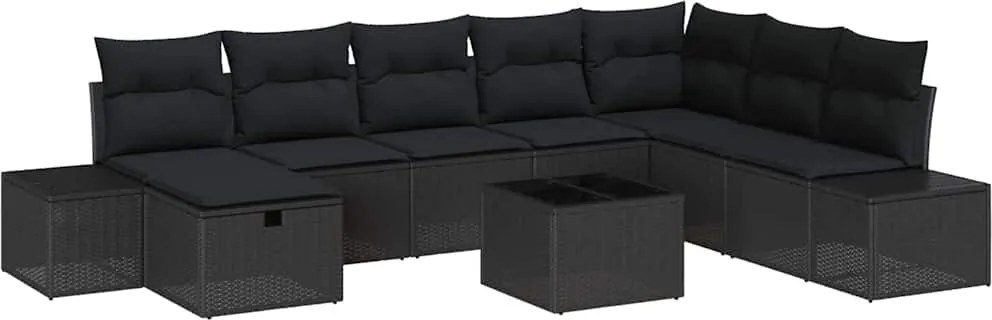 vidaXL Set de canapele pentru grădină cu pernă 9 pcs Negru poliratan