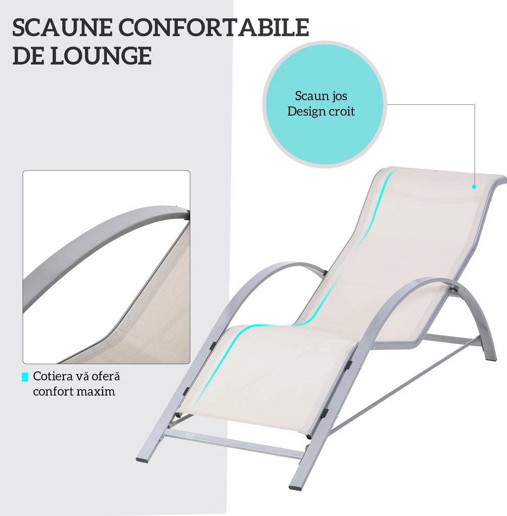 Outsunny Set de 2 Șezlonguri și Măsuță cu Blat din Sticlă, 59x169x66 cm, Crem | Aosom Romania
