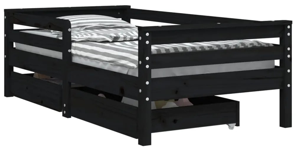 834443 vidaXL Cadru de pat copii cu sertare, negru, 70x140 cm, lemn masiv pin