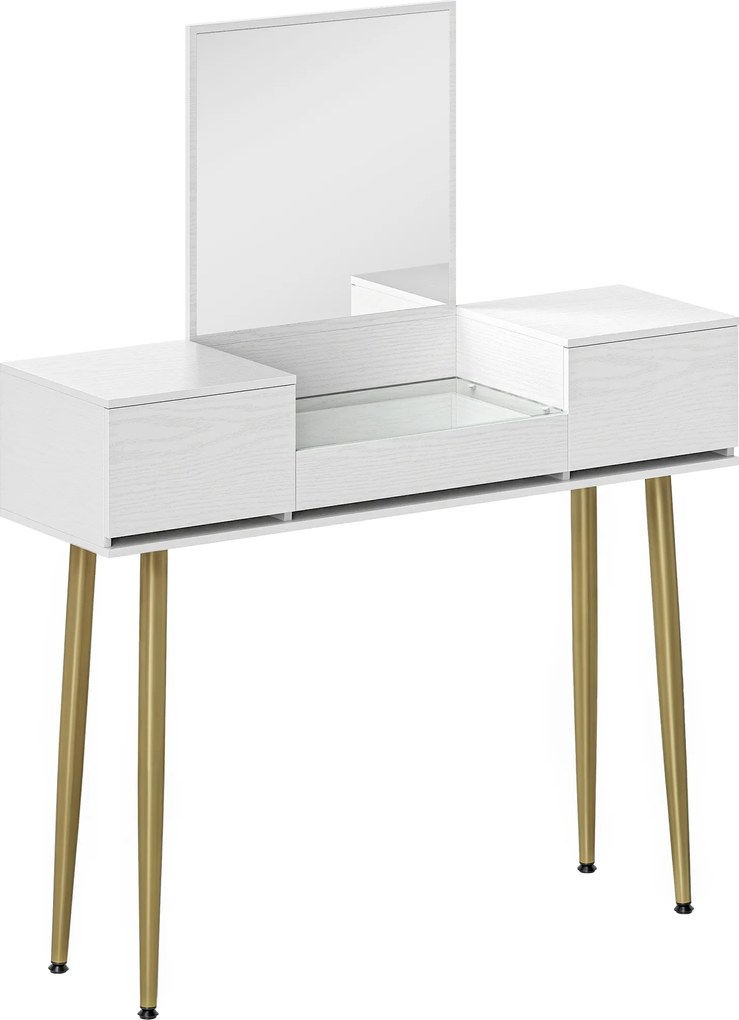 HOMCOM Masă de toaletă elegantă cu oglindă pătrată și sertare organizatoare 105,5x30x130,5 cm Alb și Auriu | Aosom Romania