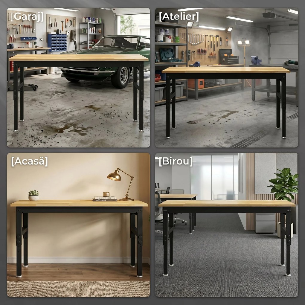 HOMCOM Masă de Lucru Reglabilă 122 cm, Blat Robust din Lemn de Cauciuc, 2 Prize AC și 2 Porturi USB, Panou Perforat, Capacitate 900 kg, pentru Garaj, Atelier și Casă | Aosom Romania