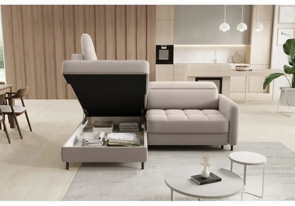 Colțar maro deschis extensibil/cu spațiu de depozitare cu tapițerie din catifea (cu colț pe partea stângă/în formă de ”L”) Barea – ELTAP