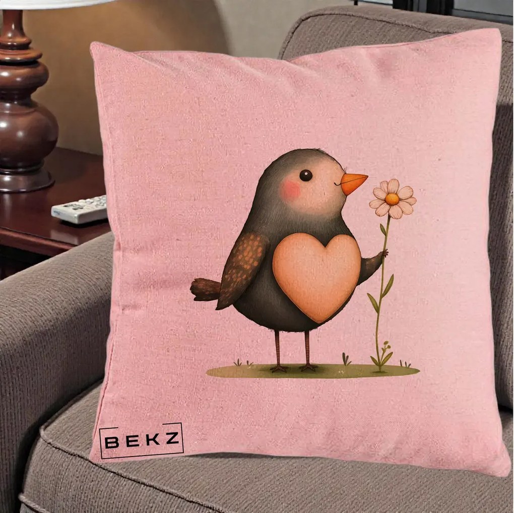 Perna Decorativa Pasare cu Inima si Margareta, 40x40 cm, Roz, Husa Detasabila, Perna Inclusa, BEKZ®