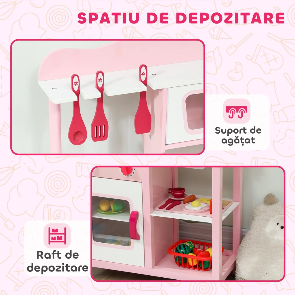 AIYAPLAY Bucătărie de Jucărie pentru Copii 3+ Ani cu Microonde, Plită și Chiuvetă, din Lemn, 55x24x86 cm, Roz | Aosom Romania