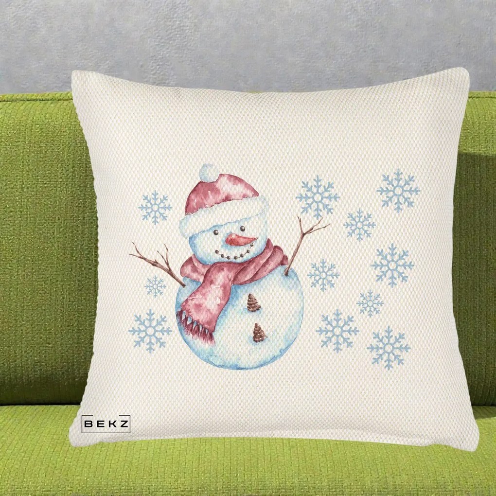 Perna Decorativa Om de Zapada Rosu cu Fulgi, 40x40 cm, Crem Reliefat, Husa Detasabila, Perna Inclusa, BEKZ®