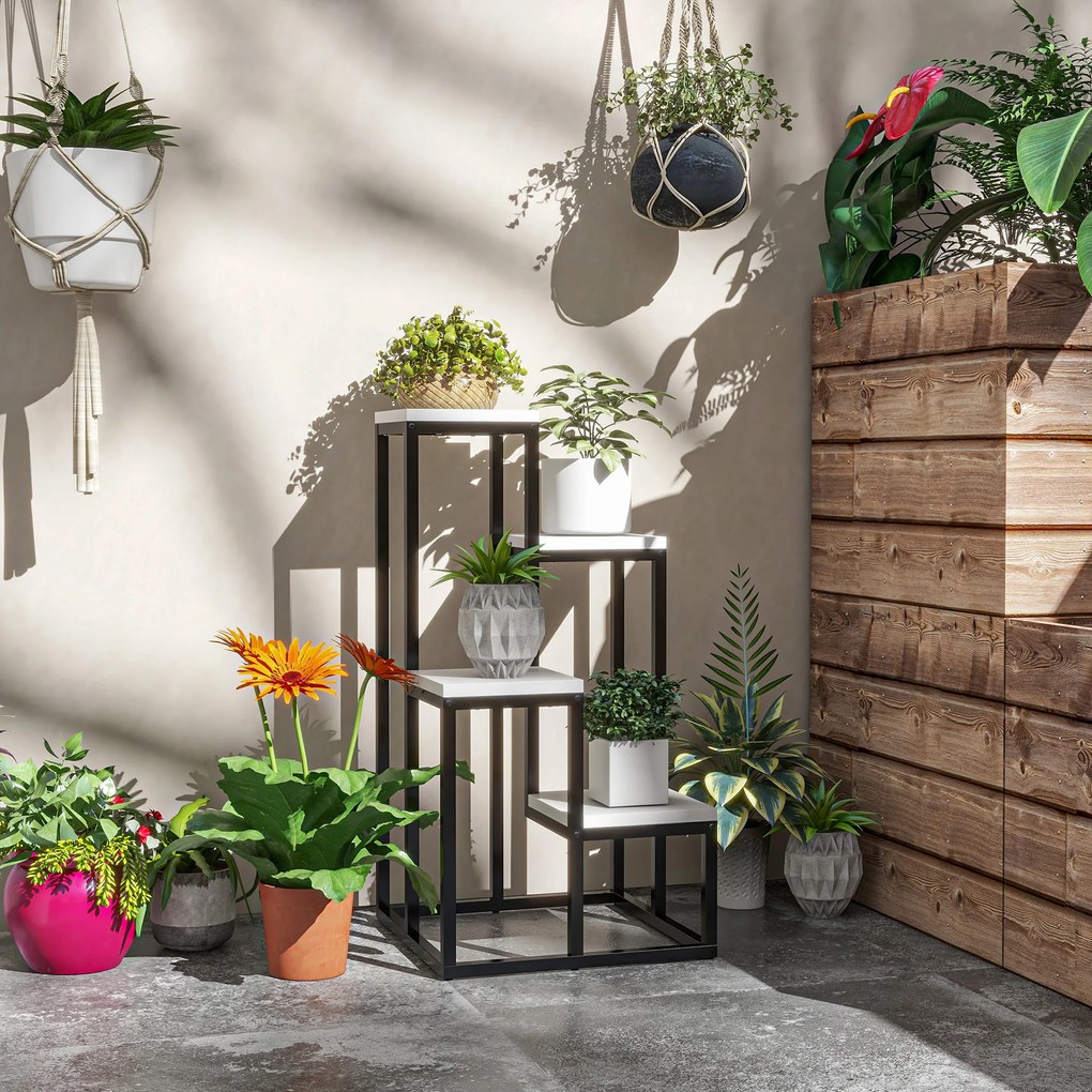 Outsunny Raft pentru plante raft pentru flori din metal și lemn, 4 nivele de înălțimi diferite, stil industrial, 34 x 34 x 66 cm | Aosom Romania
