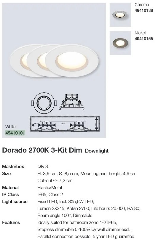 Set de 3 spoturi LED dimabile incastrabile Dorado alb 2700K IP65