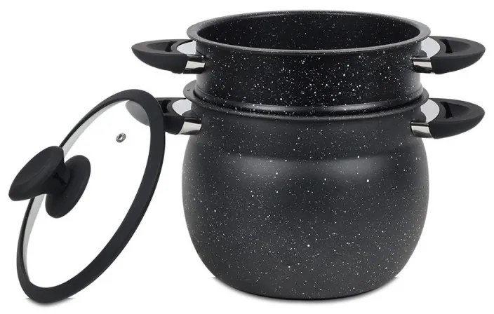 Oala pentru gatit la aburi Royalty Line RL-CP6LM, 20 cm, 6 litri, 3 piese, Finisaj marmura, Inductie, Negru