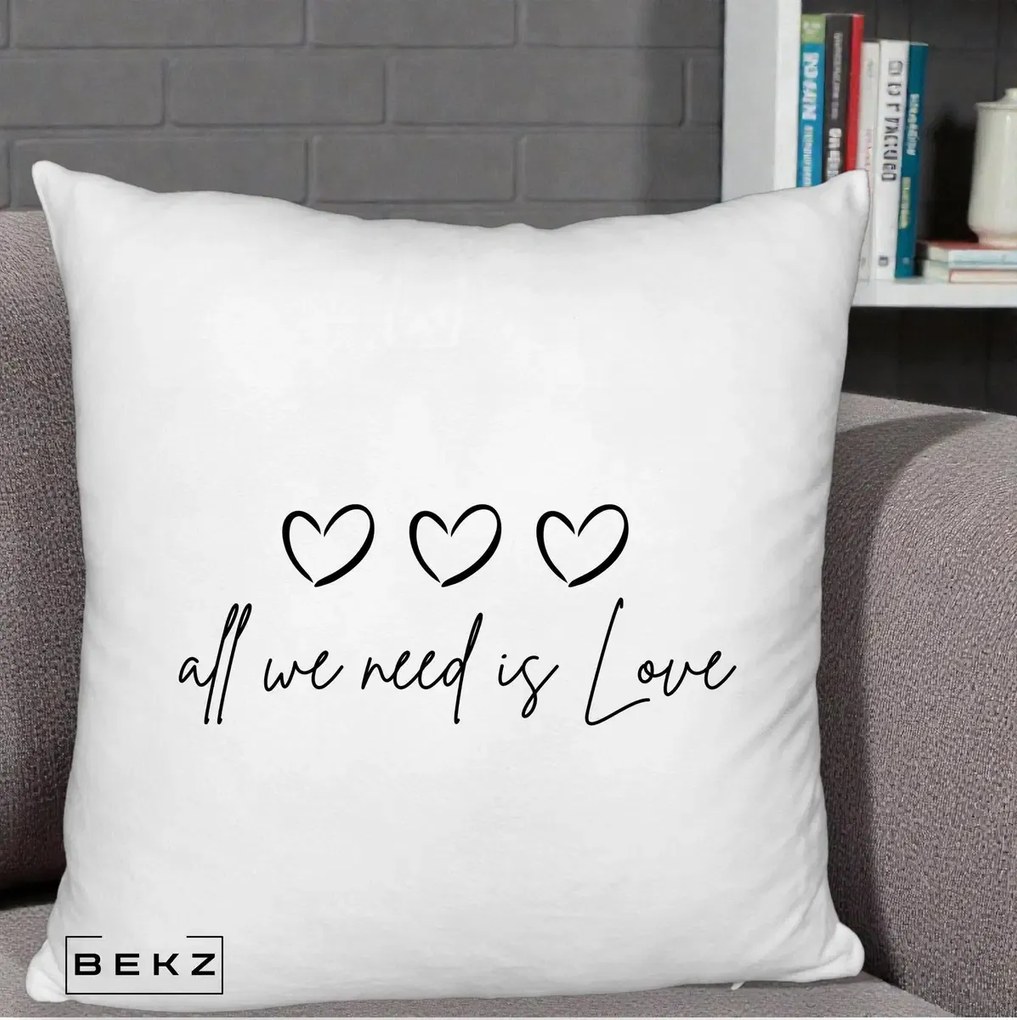 Perna Decorativa All We Need Is Love, 40x40 cm, Alb Pufos, Husa Detasabila, Perna Inclusa, BEKZ®