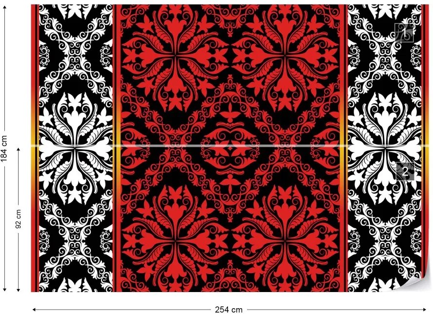 GLIX Fototapet - Red Black And White Ornamental Pattern Vliesová tapeta  - 254x184 cm