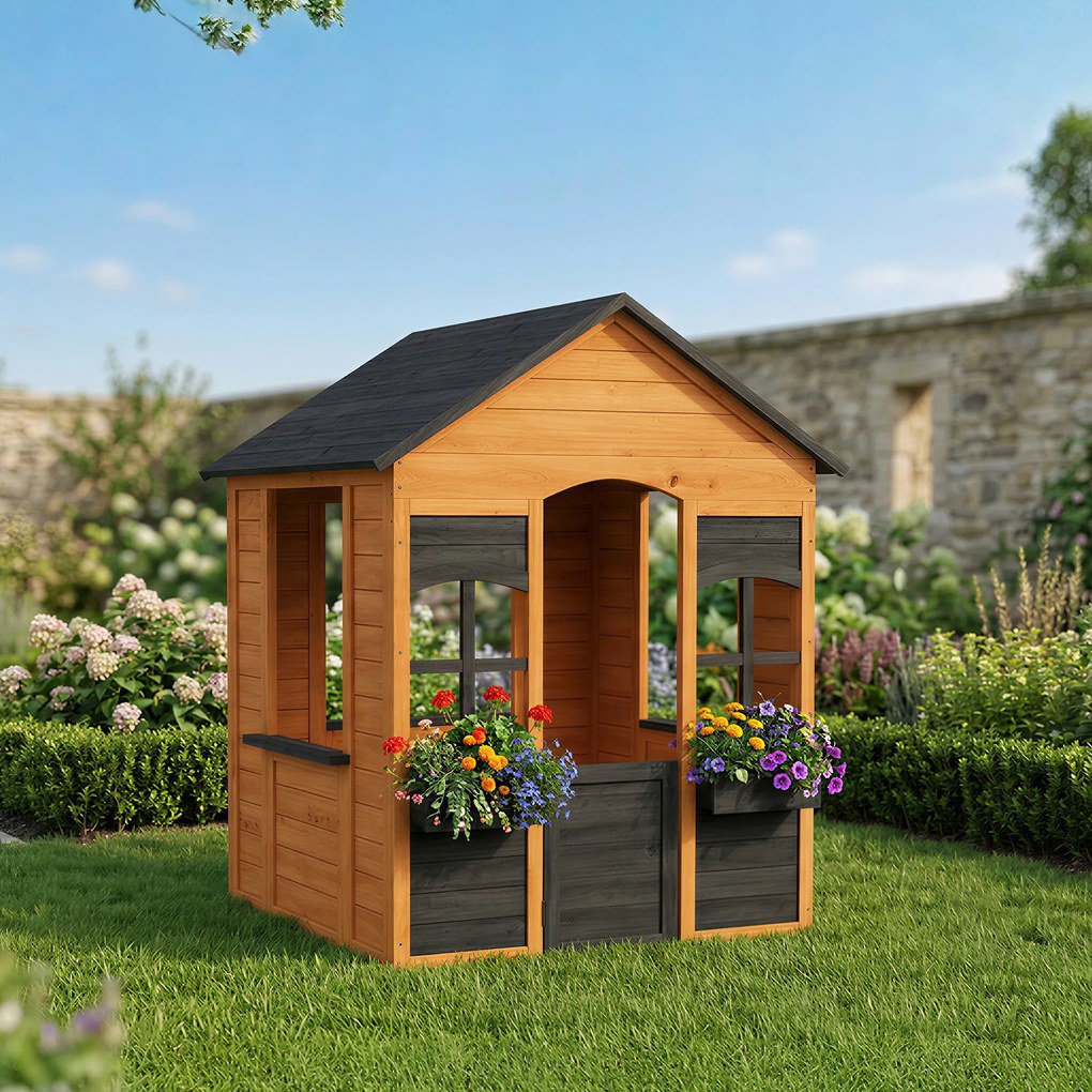 AIYAPLAY Căsuță pentru copii în aer liber din lemn, casă exterioară pentru copii, ușă pe jumătate, ferestre, jardiniere, 3-8 ani, maro deschis | Aosom Romania