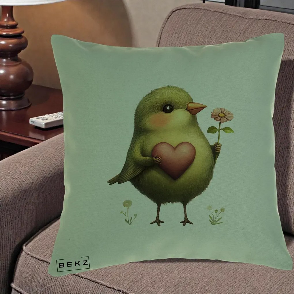 Perna Decorativa Pasare Verde cu Inima si Floare, 40x40 cm, Verde, Husa Detasabila, Perna Inclusa, BEKZ®