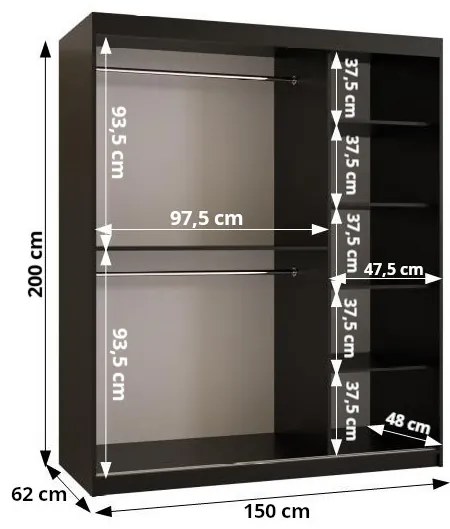 Dulap de haine Riven 2 150 (alb mat + negru mat) (cu oglindă). 1064174