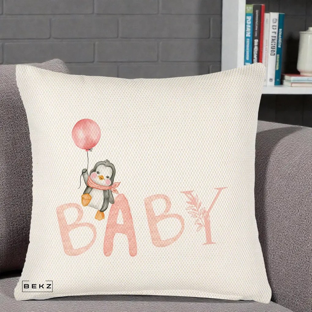Perna Personalizata Baby Pinguin Roz, 40x40 cm, Crem Reliefat, Husa Detasabila, Perna Inclusa, BEKZ®