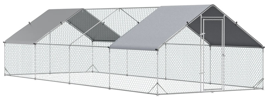 PawHut Coteț de Găini cu Cadru Zincat și Plasă Hexagonală, Țarc cu Acoperiș Impermeabil pentru Găini, Rațe și Iepuri, 3x8x2 m | Aosom Romania