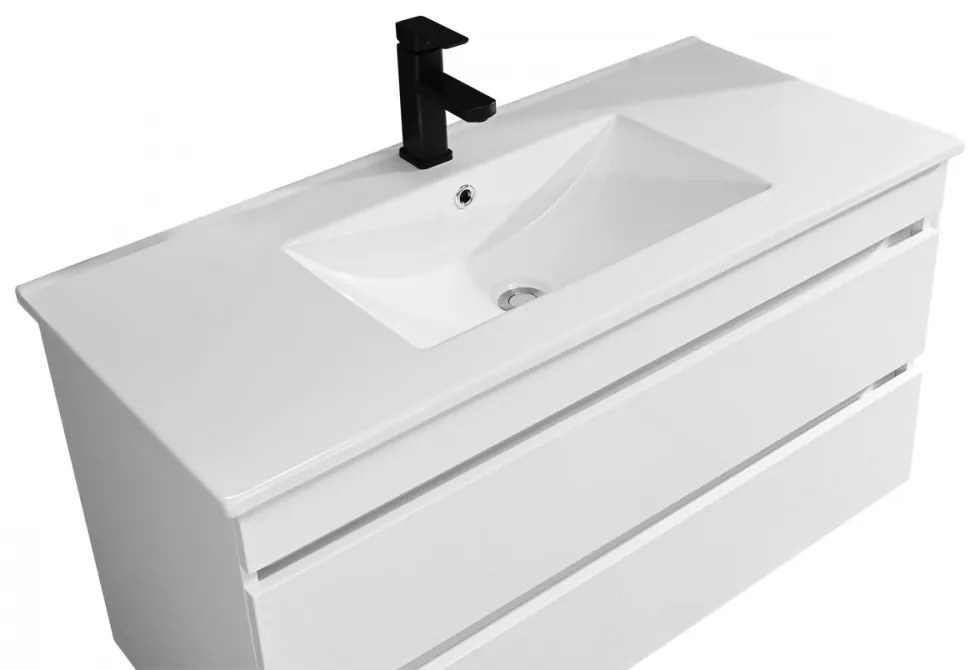 Mobilier de baie Cube 100 cm cu chiuvetă ceramică (2 sertare) și oglindă 60x100 cm vopsită în alb lucios