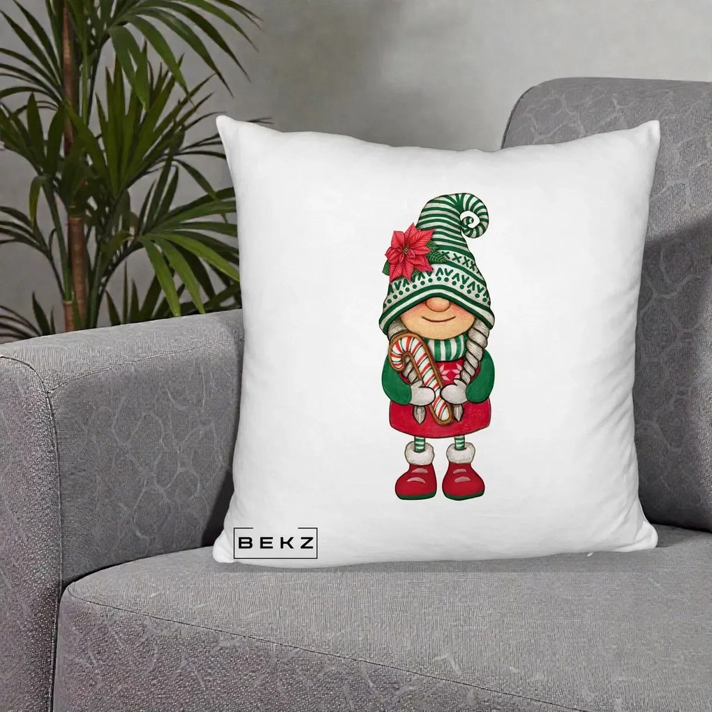 Perna Decorativa Gnom Craciun Verde cu Bomboane si Floare, 40x40 cm, Alb Pufos, Husa Detasabila, Perna Inclusa, BEKZ®