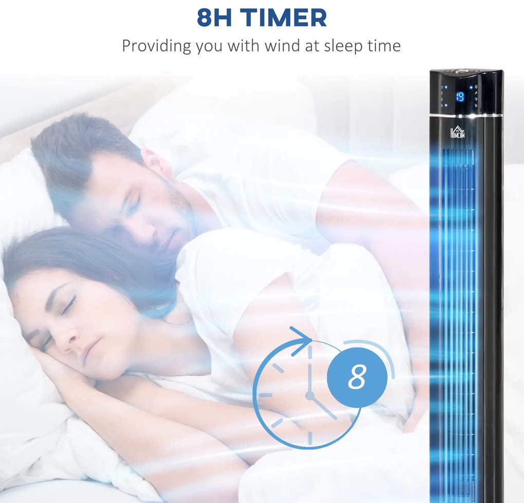 HOMCOM Ventilator Coloană Ionizator cu 3 Viteze, 3 Moduri și Temporizator 8h, Ventilator Podea ABS, Ø32x106.8 cm, Negru