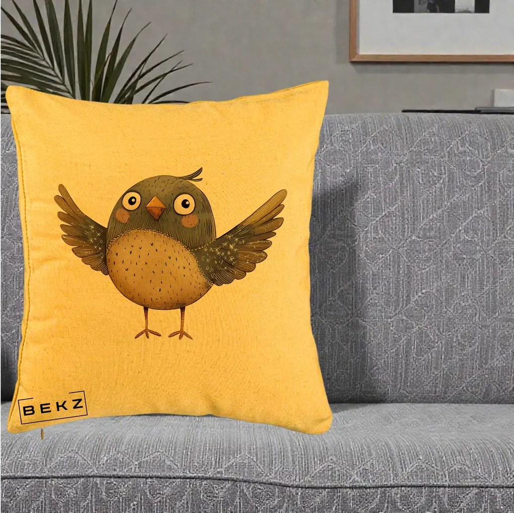 Perna Decorativa Pasare cu Aripi Intinse, 40x40 cm, Galben, Husa Detasabila, Perna Inclusa, BEKZ®