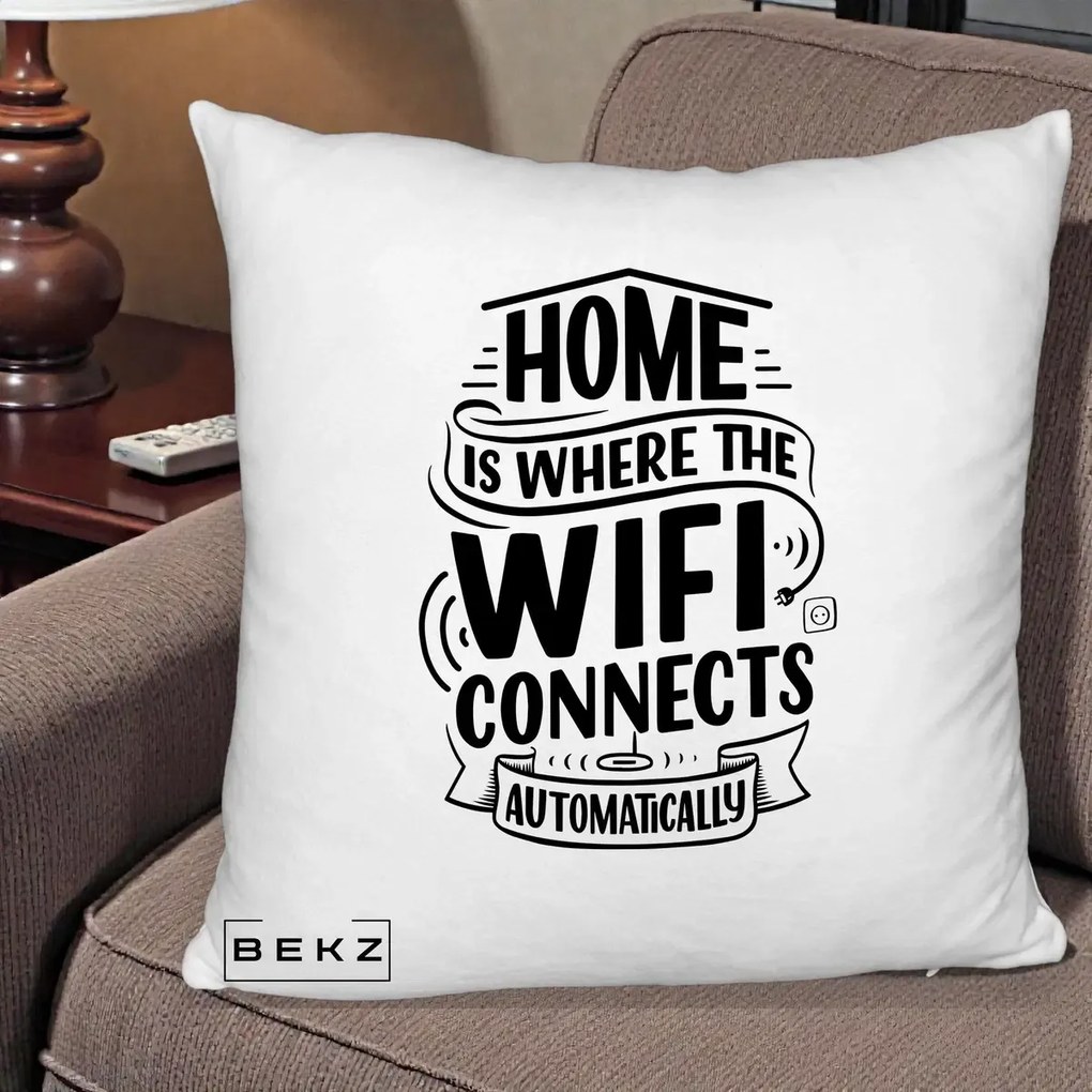 Perna Decorativa Home Is Where WiFi Connects, 40x40 cm, Alb Pufos, Husa Detasabila, Perna Inclusa, BEKZ®